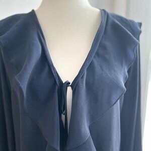 NWT Shan Ink-Blue Silk Semi-Sheer Ruffle-Blouse w/ Cascading Front & Tie – US 6